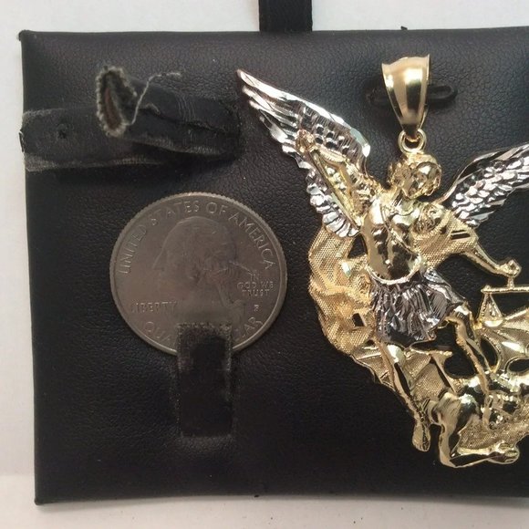 10k Yellow Real Gold Solid Saint 2 Tone Michael Archangel and the Devil Pendant - Picture 4 of 8
